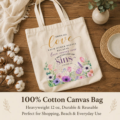 Above All Love Each Other Deeply 1 Peter 4 8 Floral Christian Tote Bag For Women Bible Verse Canvas Bag Church Faith Religious Gift Reusable Shopping Beach Travel | siriusteestore