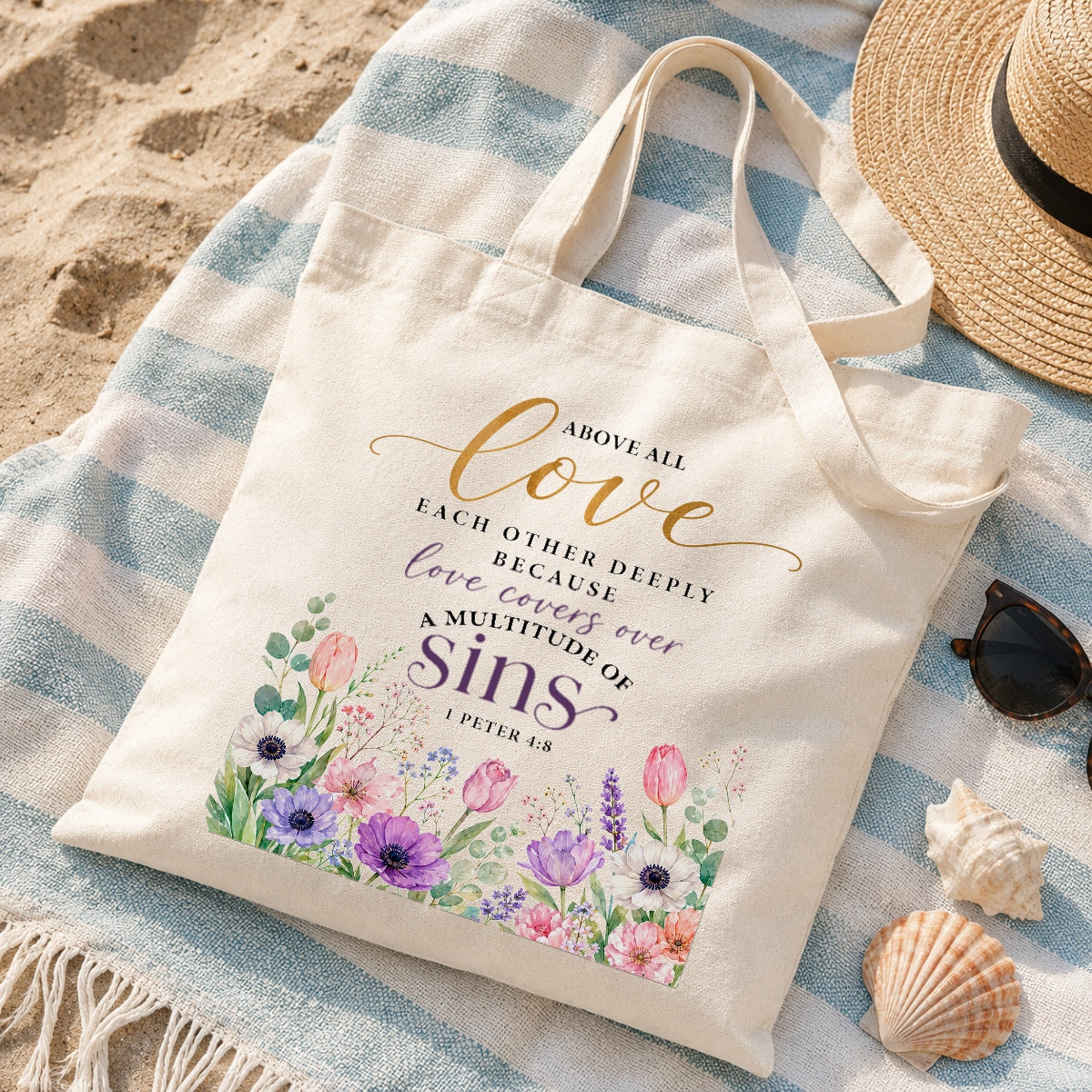 Above All Love Each Other Deeply 1 Peter 4 8 Floral Christian Tote Bag For Women Bible Verse Canvas Bag Church Faith Religious Gift Reusable Shopping Beach Travel | siriusteestore