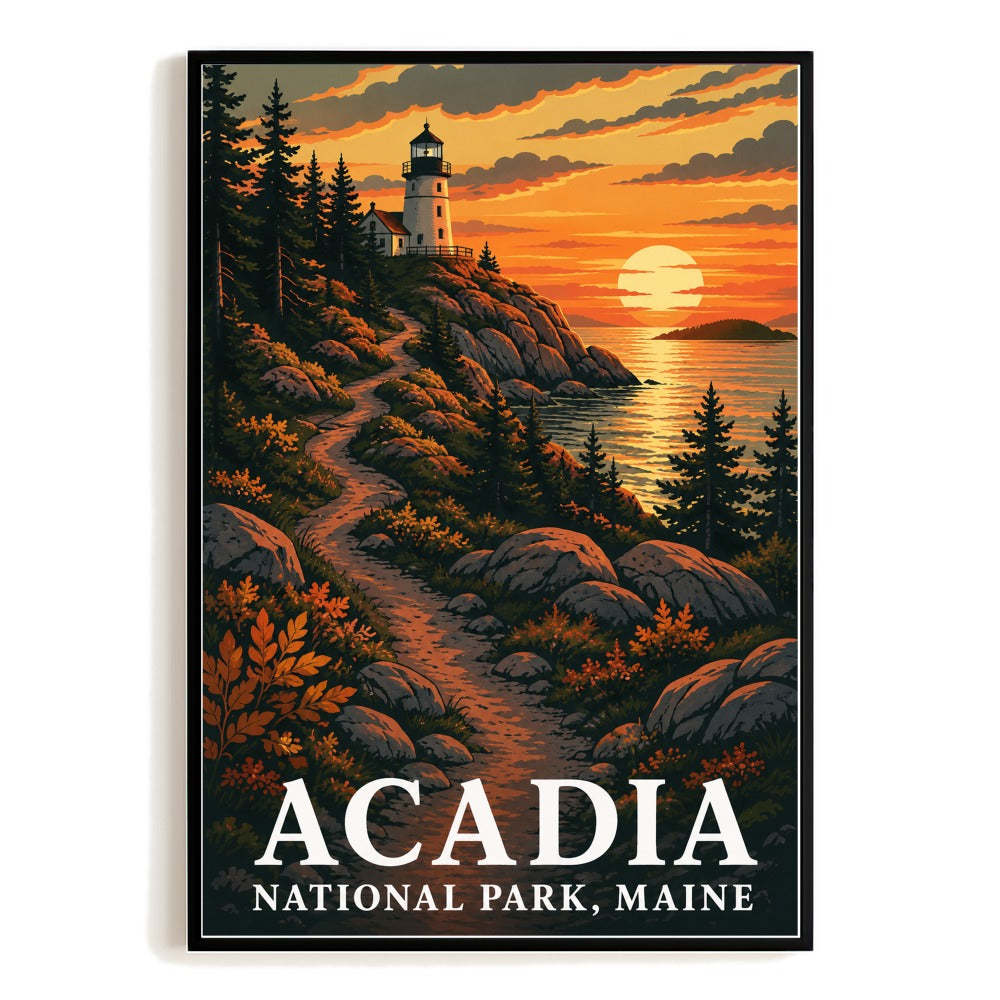 Acadia National Park Maine Lighthouse Sunset Retro Travel Poster Wall Art Vintage Landscape Print Painting Picture For Home Living Room Office Bedroom Decor Unframed | siriusteestore