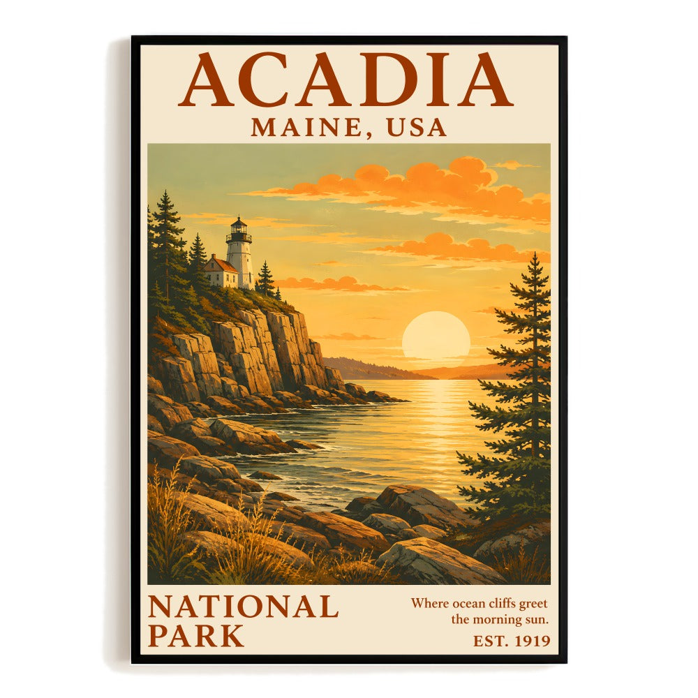 Acadia National Park Maine Travel Gifts Poster Vintage Lighthouse Sunset Ocean Cliffs Wall Art Landscape Print Painting For Home Living Room Bedroom Decor Unframed | siriusteestore