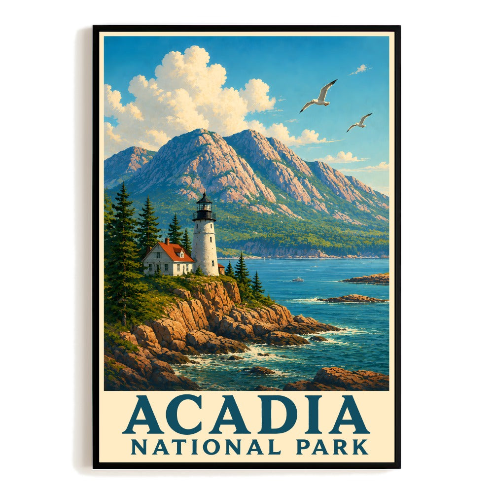 Acadia National Park Maine Travel Poster Souvenir Gift Vintage Lighthouse Mountain Coastal Wall Art Print Painting Picture Ideal For Home Office Bedroom Decor Unframed | siriusteestore