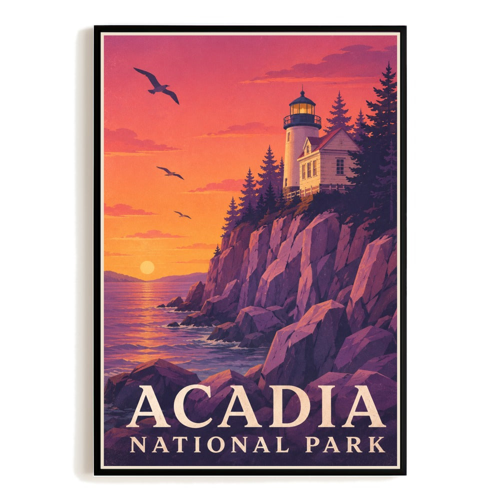Acadia National Park Travel Poster Lighthouse Cliff Sunset Wall Art Vintage Landscape Print Painting Picture Ideal For Home Living Room Kitchen Decor Unframed | siriusteestore