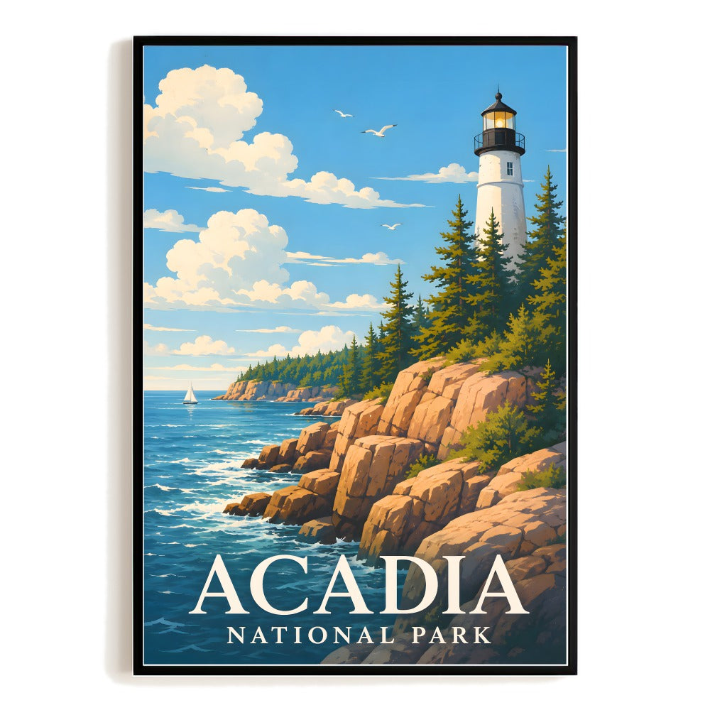 Acadia National Park Travel Poster Lighthouse Sunset Vintage Wall Art Landscape Print Painting Picture For Home Living Room Office Bedroom Decor Unframed | siriusteestore