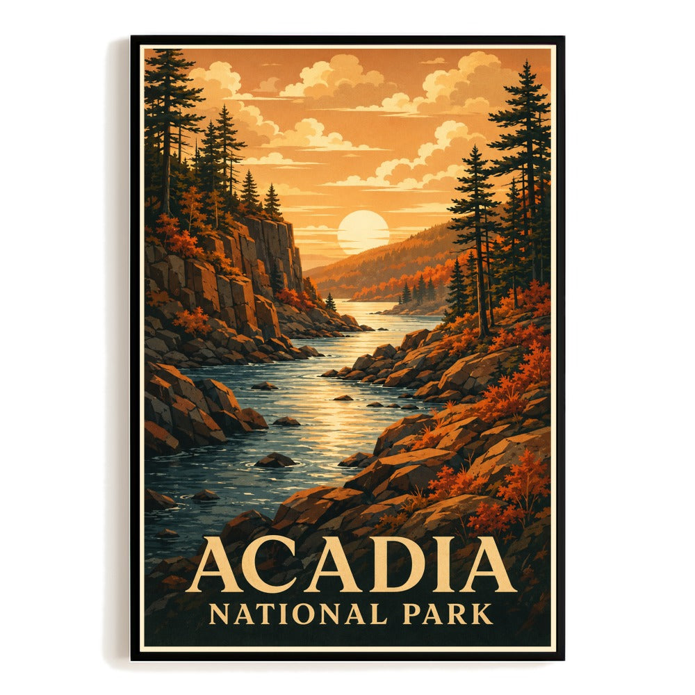 Acadia National Park Travel Poster Vintage Nature Sunset River American Landscape Art Print Souvenir Gift Decor For Home Living Room Office Bedroom Artwork Unframed | siriusteestore