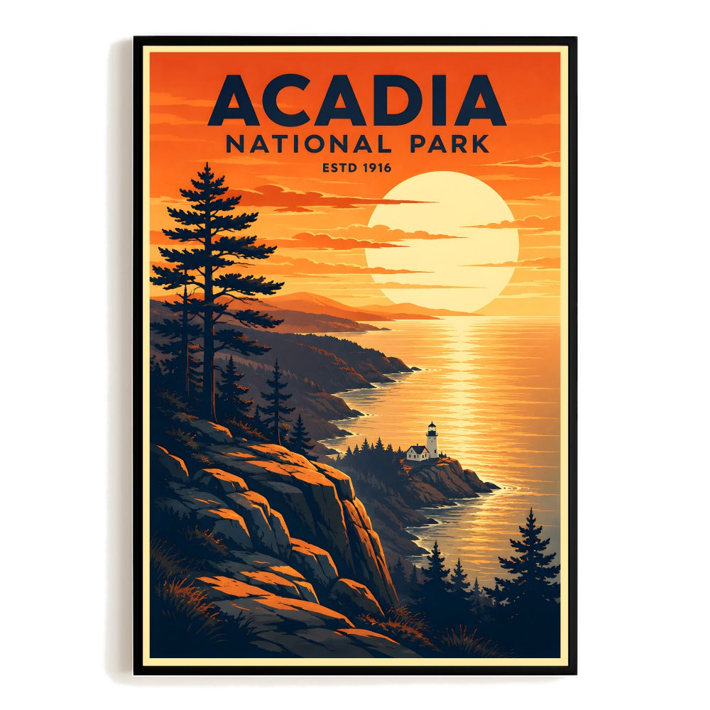 Acadia National Park Travel Poster Vintage Sunset Lighthouse Maine Wall Art Landscape Print Painting Picture For Home Living Room Office Bedroom Decor Unframed | siriusteestore