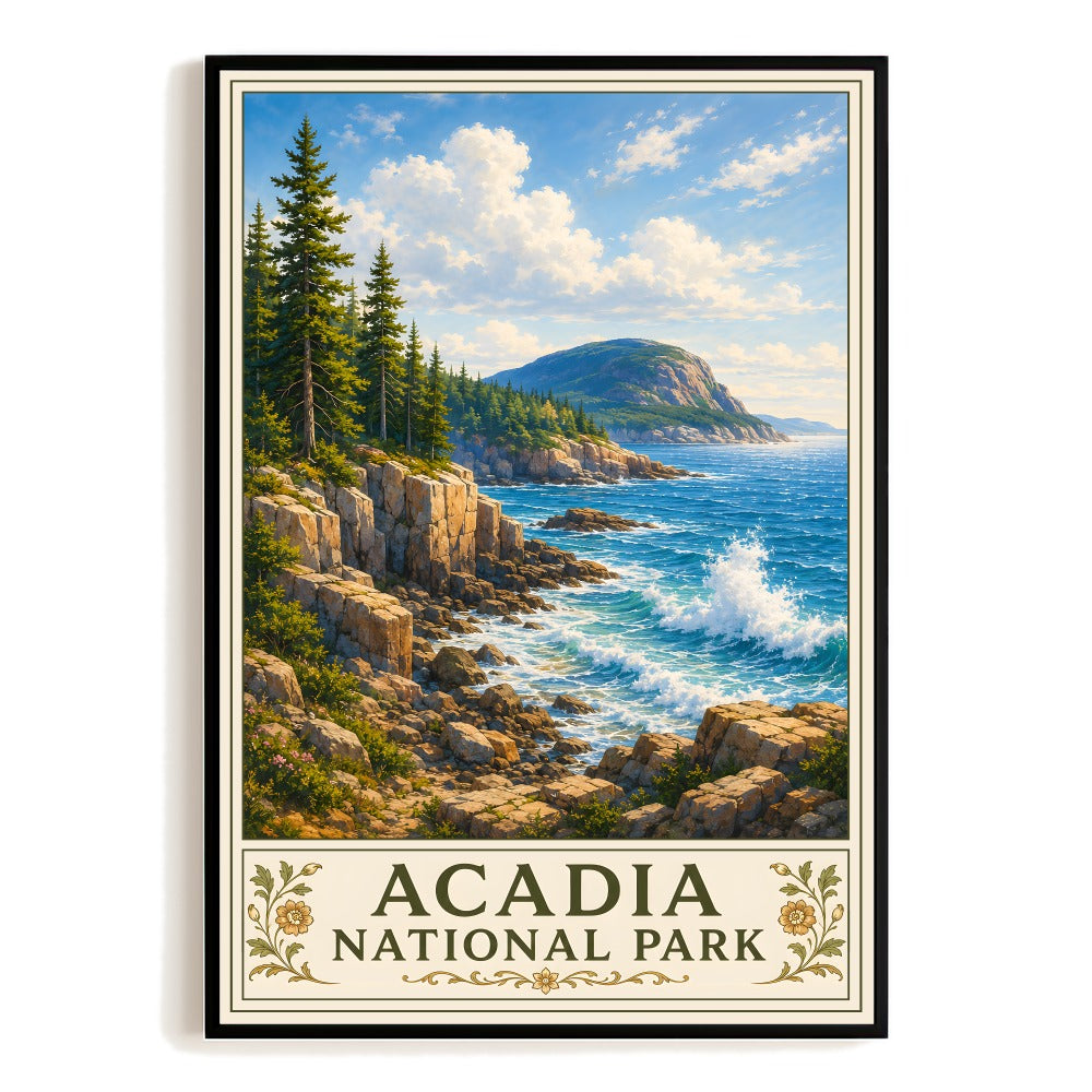 Acadia National Park Vintage Coastal Landscape Wall Poster Rocky Shore Pine Trees Ocean View Maine Nature Travel Art Print Home Decor Souvenir Gift Unframed | siriusteestore