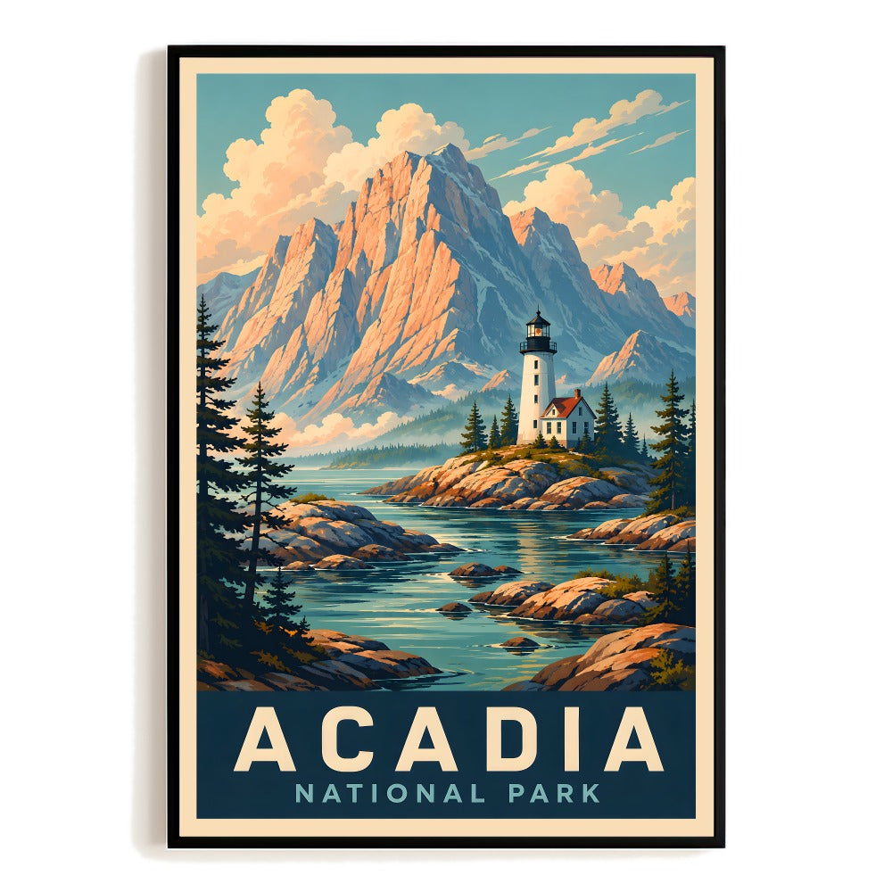Acadia National Park Vintage Lighthouse Mountain Landscape Painting Wall Art Poster Rustic Coastal Home Decor Travel Art Print Souvenir Unframed | siriusteestore
