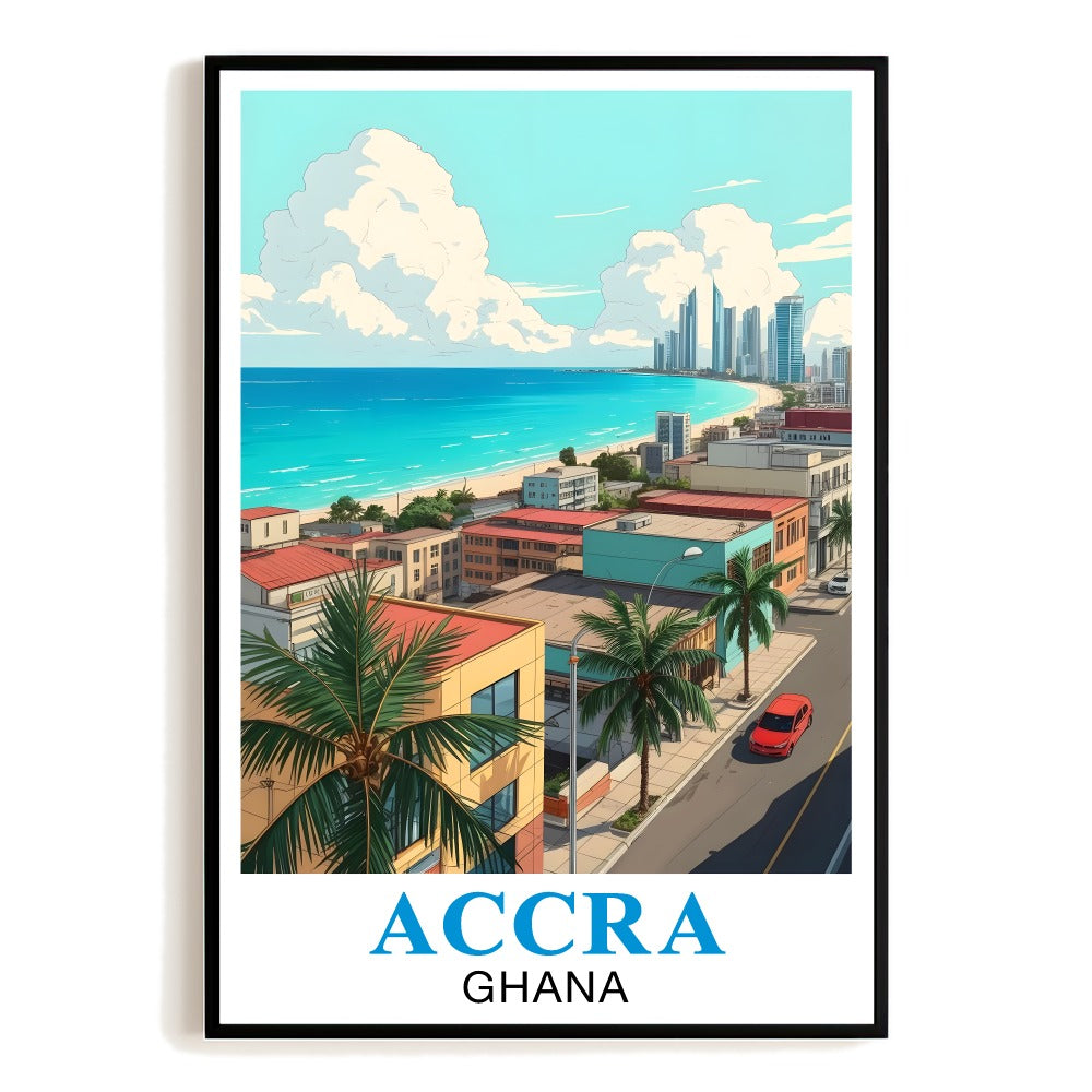 Accra Ghana Vintage Travel Poster Tropical Beach Cityscape Palm Trees Ocean View Souvenir Wall Art Landscape Print Ideal For Home Office Living Room Decor Unframed | siriusteestore