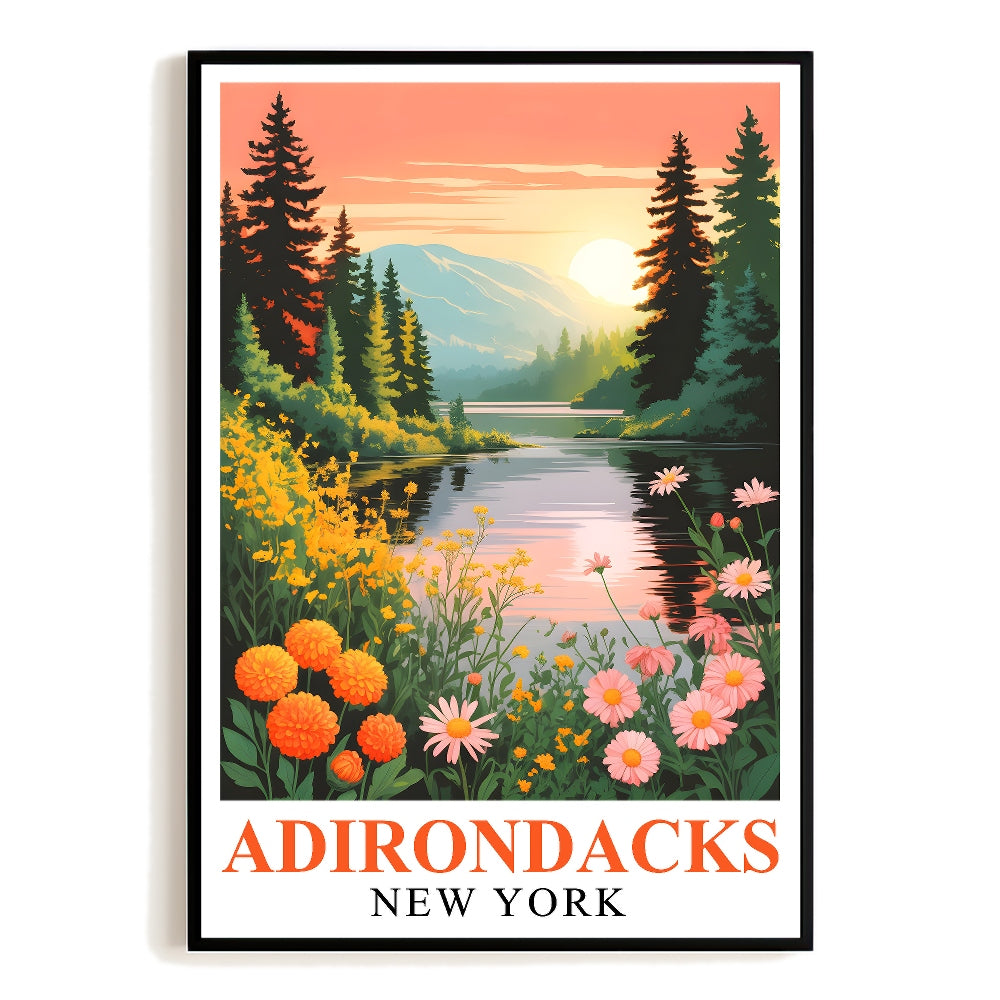 Adirondack Art Print Travel Poster Vintage Lake Mountains New York Travel Souvenir Wall Art Landscape Painting Ideal For Home Living Room Office Bedroom Decor Unframed | siriusteestore