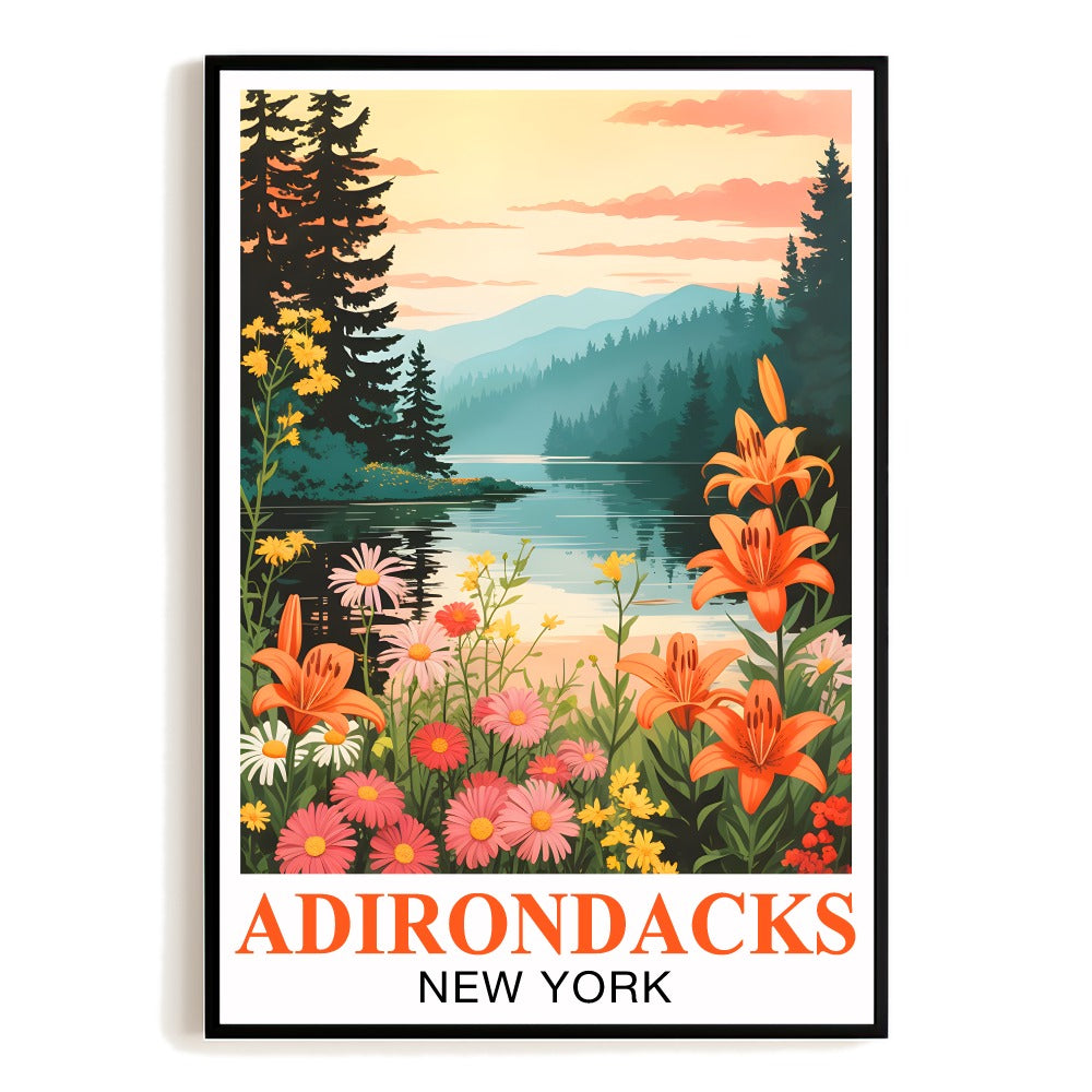 Adirondacks New York Vintage Travel Poster Lake Mountains Wall Art Green Blue Landscape Print Painting Ideal For Home Dorm Office Living Room Bedroom Decor Unframed | siriusteestore