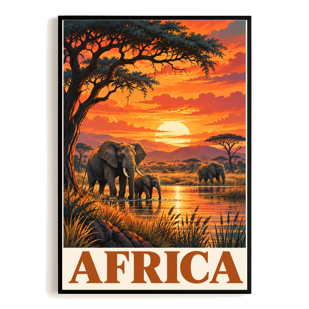 Africa Safari Elephants Sunset Savanna Travel Poster Vintage Wildlife Wall Art Print Nature Landscape Decor For Home Living Room Office Bedroom Adventure Gift Unframed | siriusteestore