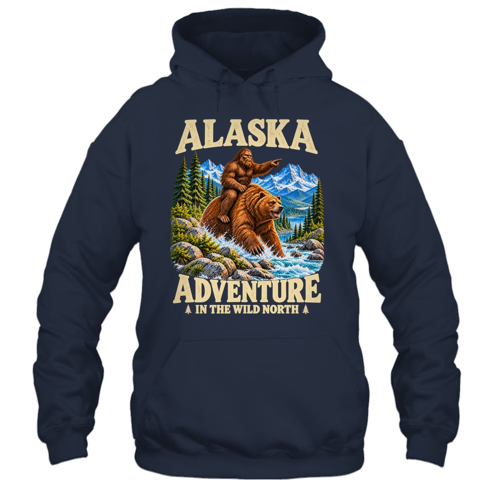 Alaska Bigfoot Riding A Bear Funny Sasquatch Vacation Shirt & Hoodie | siriusteestore