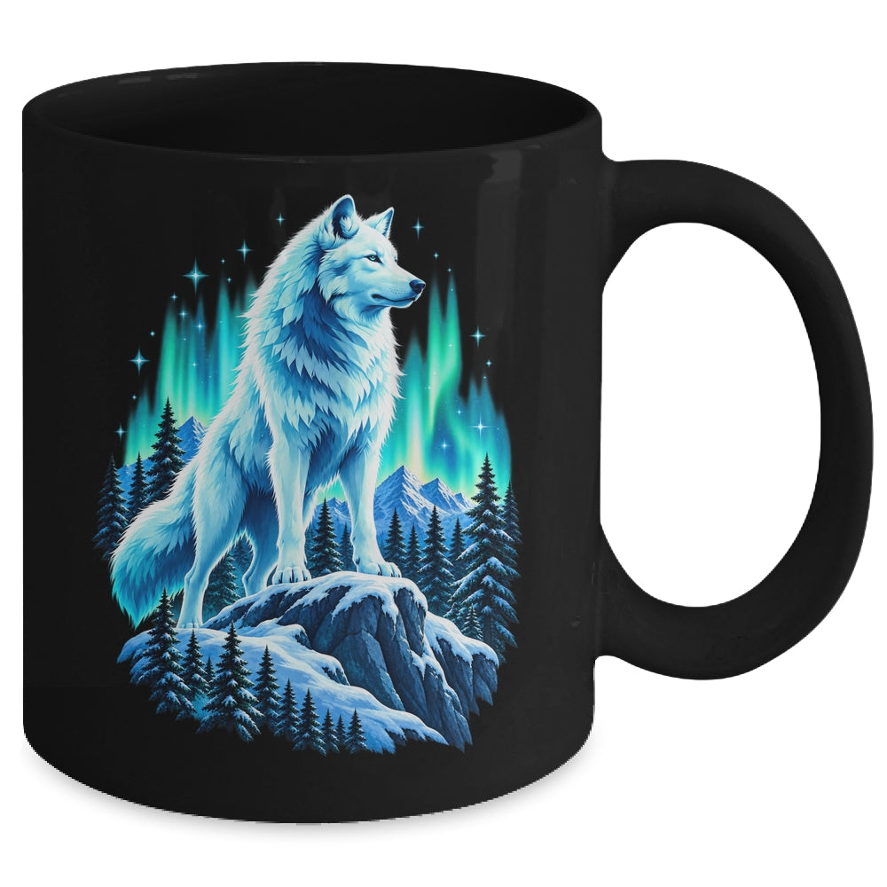 Alaska Northern Lights Arctic Up North White Wolf Lover Mug | siriusteestore