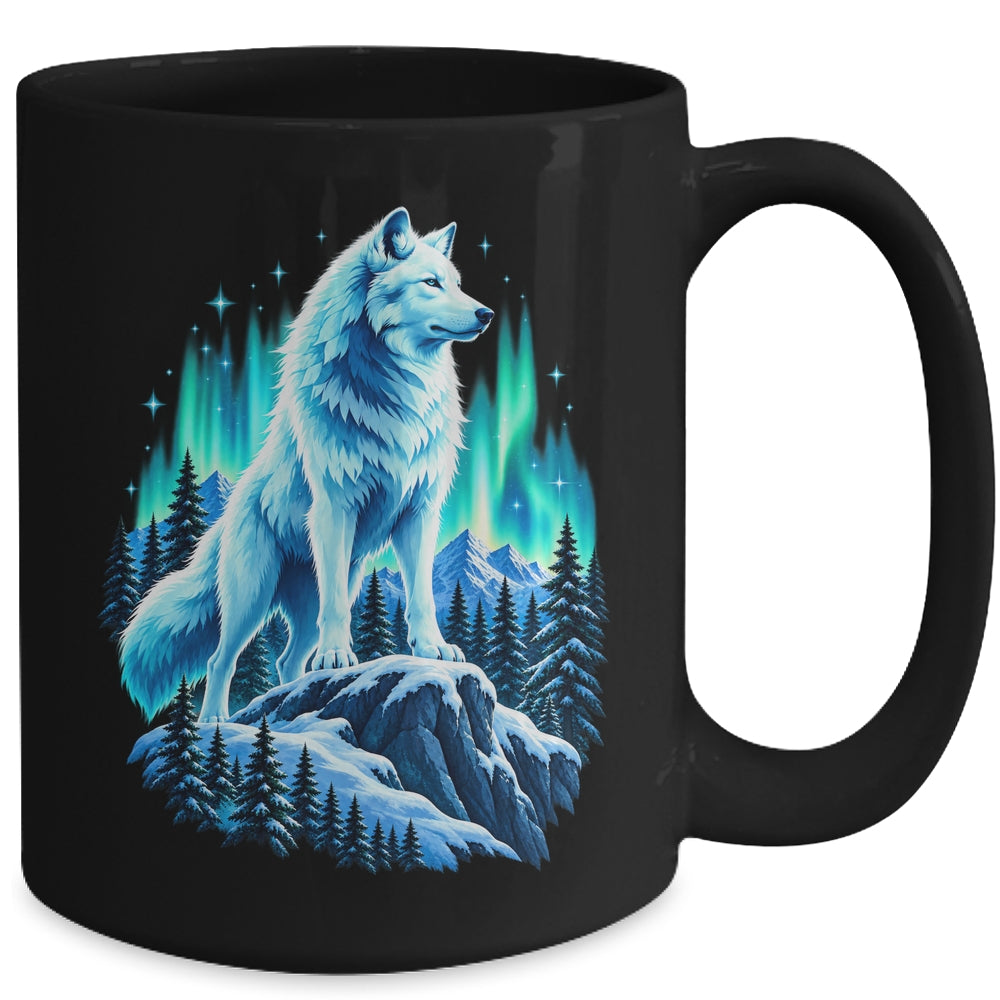 Alaska Northern Lights Arctic Up North White Wolf Lover Mug | siriusteestore