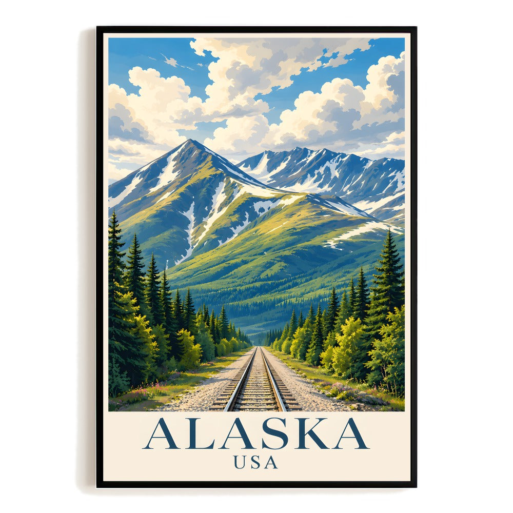 Alaska Usa Vintage Travel Poster Nature Mountain Road Adventure Landscape Railway Wall Art Decor For Home Living Room Office Bedroom Souvenir Print Unframed | siriusteestore