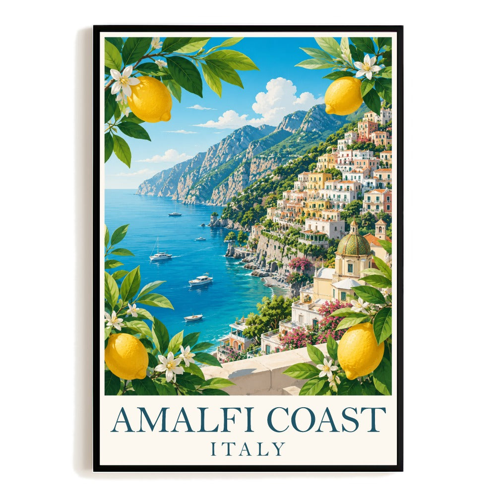 Amalfi Coast Italy Vintage Travel Poster Mediterranean Coastal Town Lemon Landscape Wall Art Print For Home Living Room Office Decor Unframed | siriusteestore