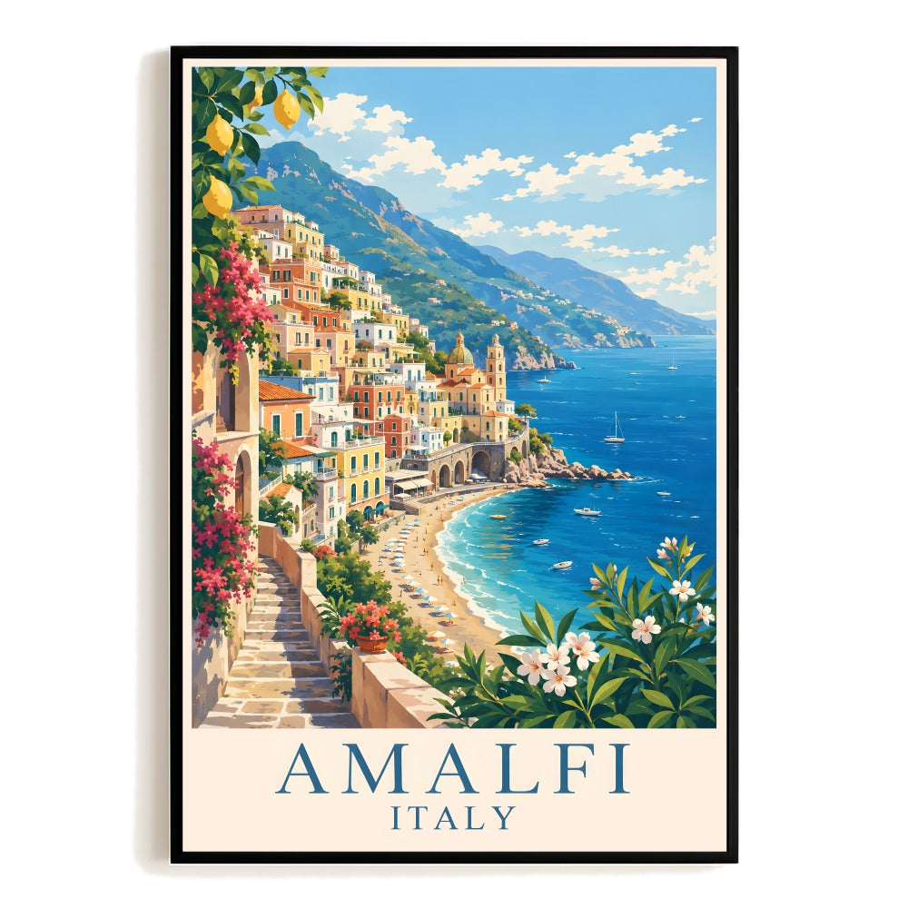Amalfi Italy Vintage Travel Poster Coastal Village Beach Mountain Ocean Landscape Wall Art Decor Print Painting For Home Living Room Office Bedroom Souvenir Unframed | siriusteestore