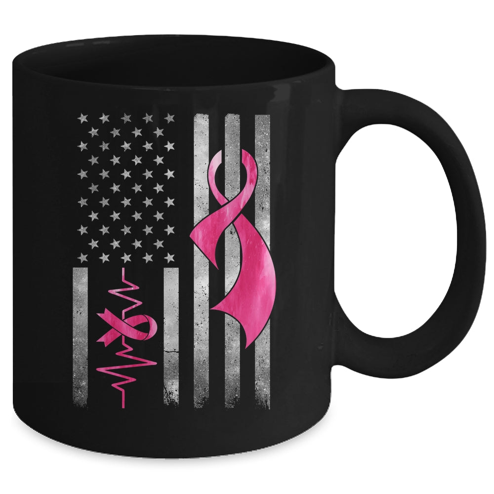 American Flag Pink Ribbon Breast Cancer Awareness Women Men Mug | siriusteestore