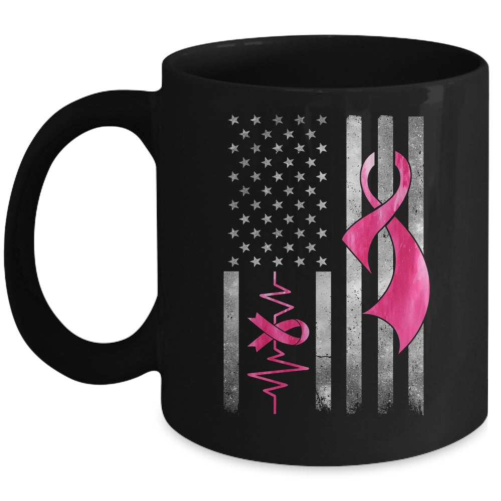 American Flag Pink Ribbon Breast Cancer Awareness Women Men Mug | siriusteestore