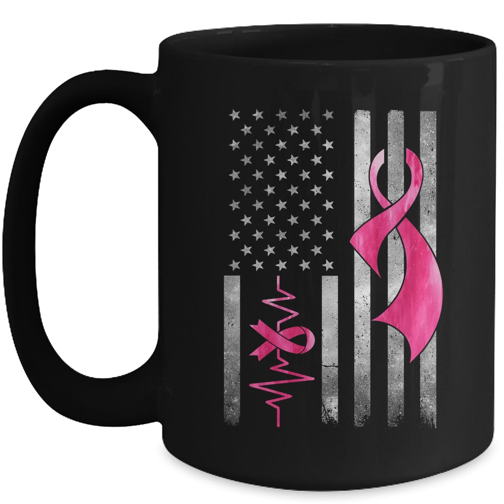 American Flag Pink Ribbon Breast Cancer Awareness Women Men Mug | siriusteestore