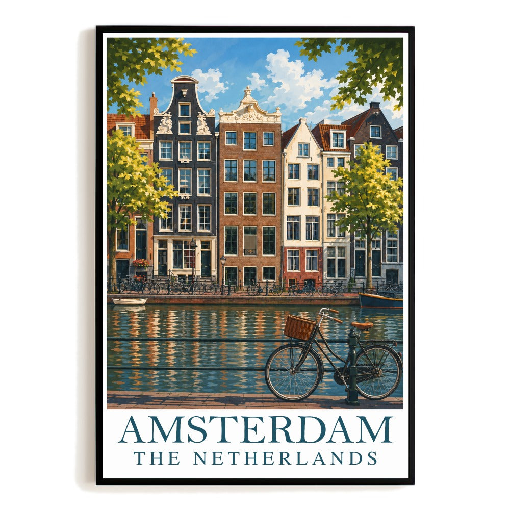 Amsterdam Netherlands Travel Poster Canal Houses Bicycle Wall Art Vintage Landscape Print Painting For Home Living Room Office Bedroom Decor Unframed | siriusteestore
