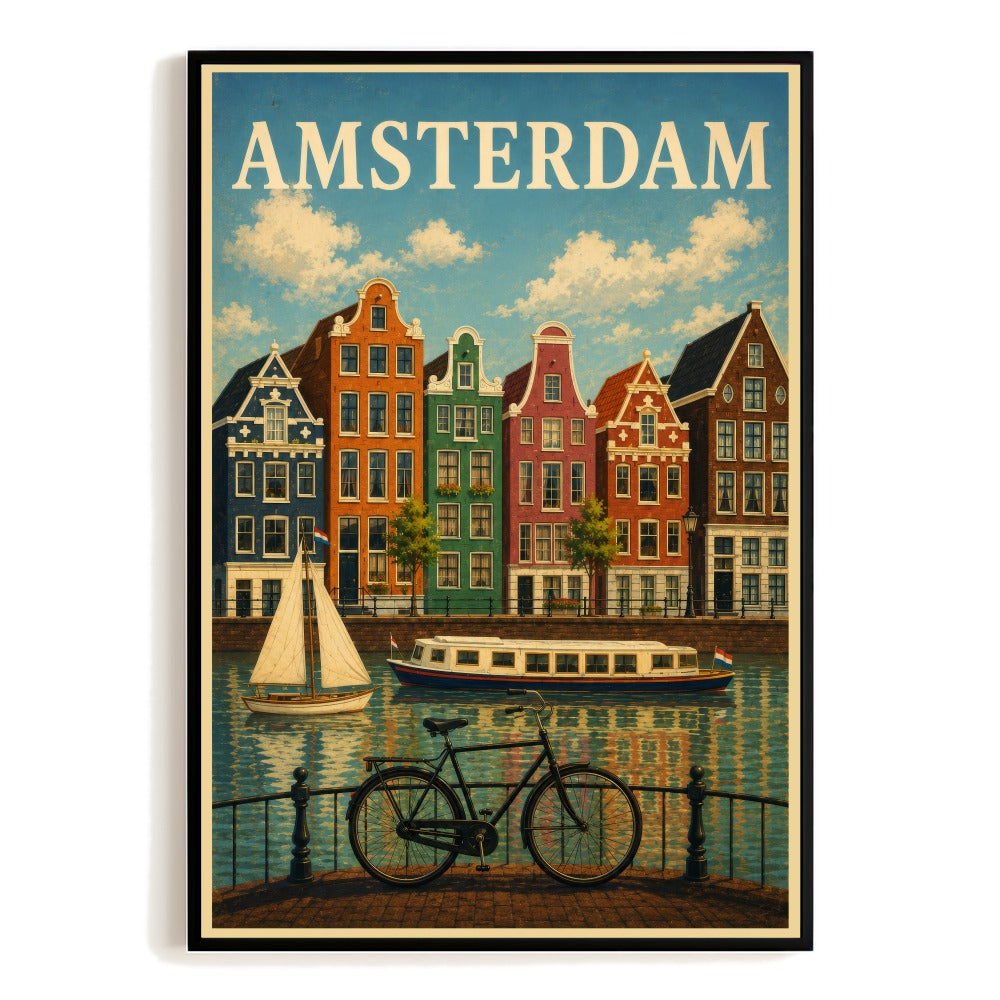 Amsterdam Netherlands Travel Poster Canal Houses Bicycle Wall Art Vintage Style Landscape Print Ideal For Home Living Room Office Bedroom Kitchen Decor Unframed | siriusteestore