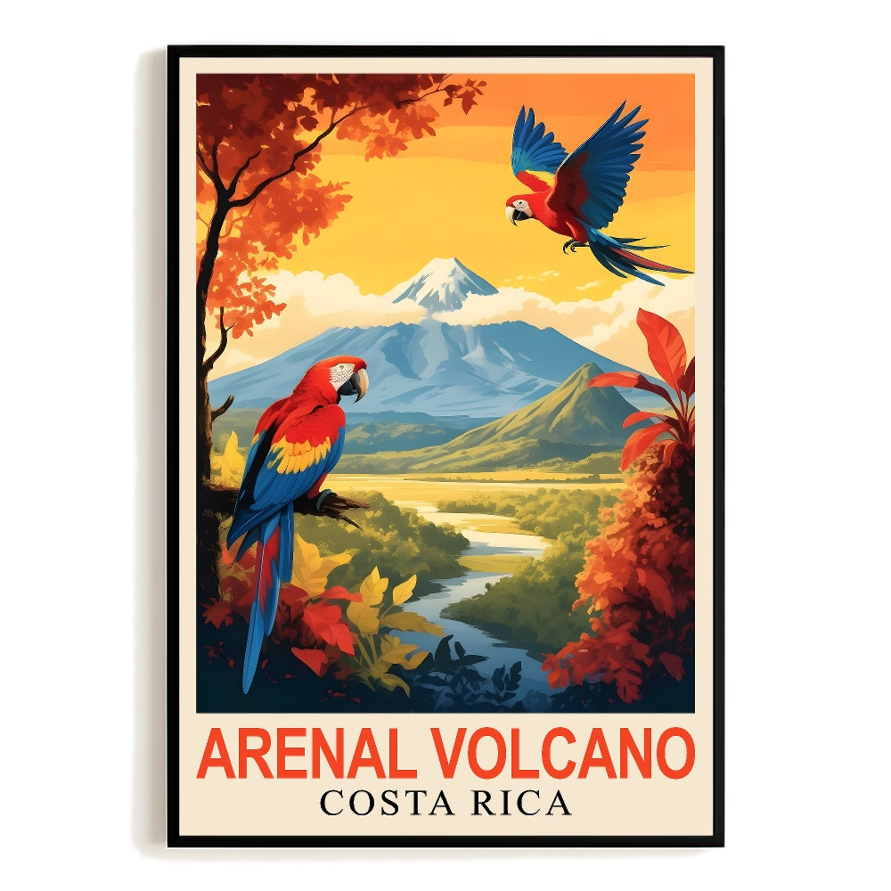Arenal Volcano Costa Rica Vintage Travel Souvenir Poster Parrot And Mountain Nature Wall Art Print Landscape Painting Ideal For Home Office Living Room Decor Unframed | siriusteestore