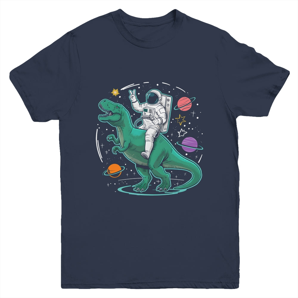 Astronaut On Dinosaur T-Rex Rock Space Rocker Boys Kids Youth Shirt | siriusteestore