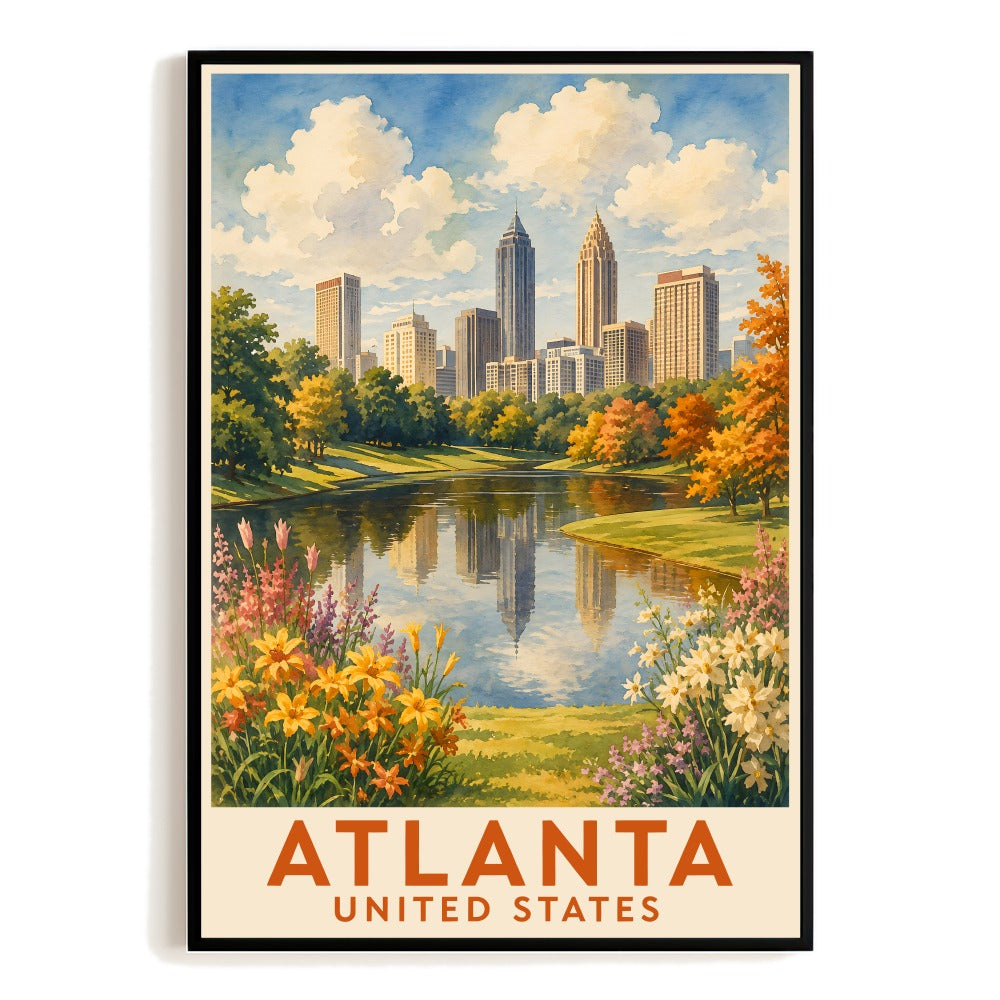 Atlanta Skyline Park View Travel Poster Gift Vintage Urban Nature Landscape Art Print Autumn Trees Lake Reflection Cityscape Decor For Home Bedroom Unframed | siriusteestore