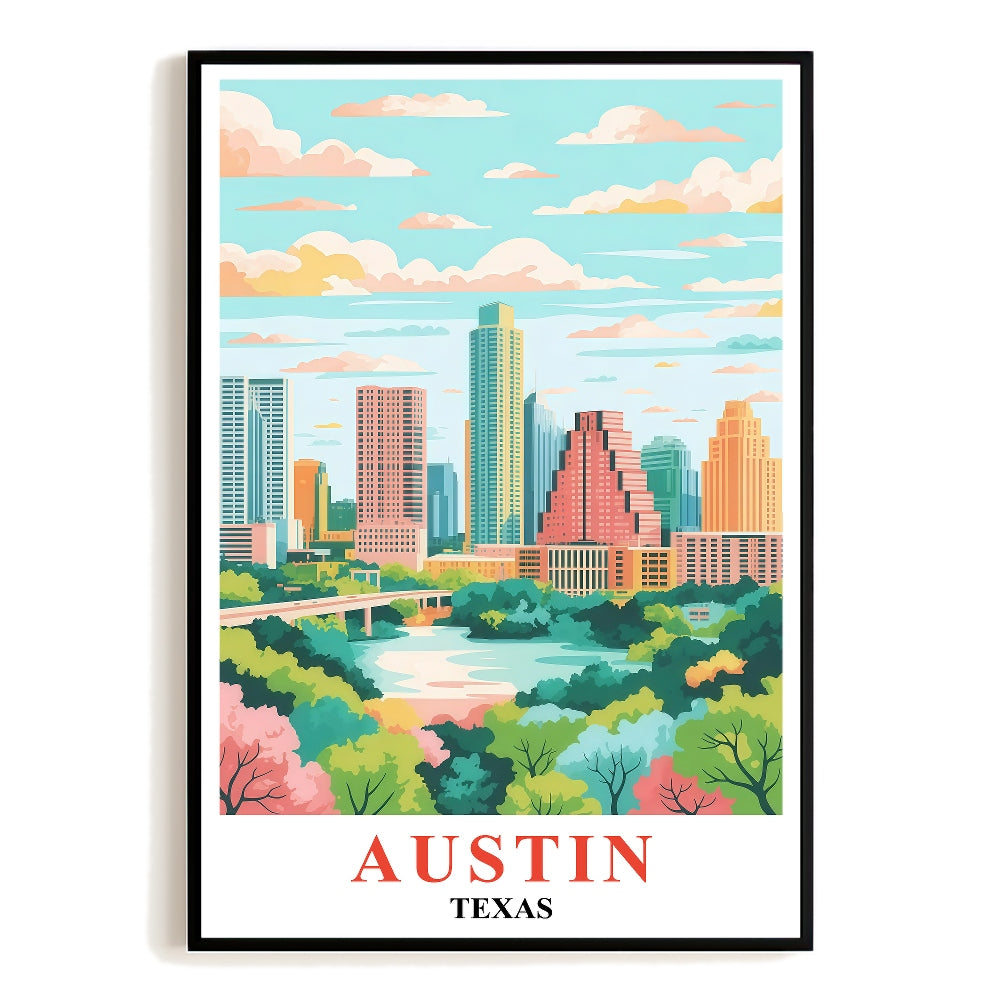 Austin Print Travel Vintage Poster Texas City Skyline Souvenir Wall Art Landscape Painting Picture Mountains For Home Room Living Room Office Bedroom Decor Unframed | siriusteestore