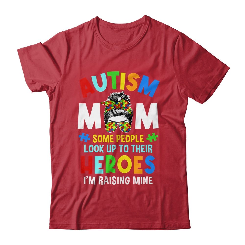 Autism Mom Raising Hero Groovy Messy Bun Autism Awareness Shirt & Tank Top | siriusteestore