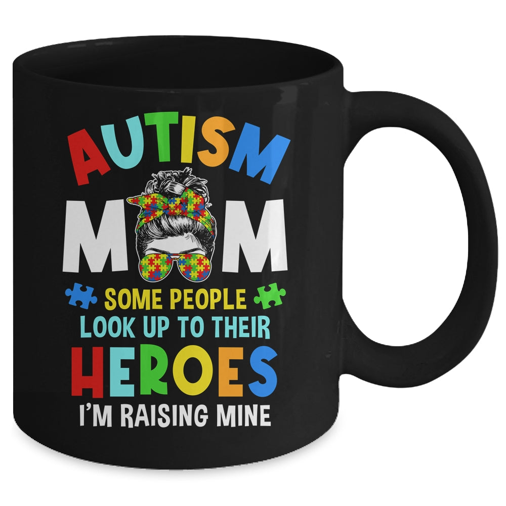 Autism Mom Raising Hero Groovy Messy Bun Autism Awareness Mug | siriusteestore