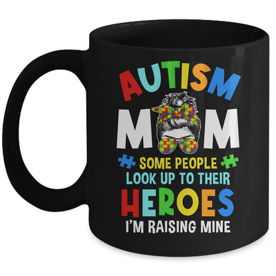 Autism Mom Raising Hero Groovy Messy Bun Autism Awareness Mug | siriusteestore