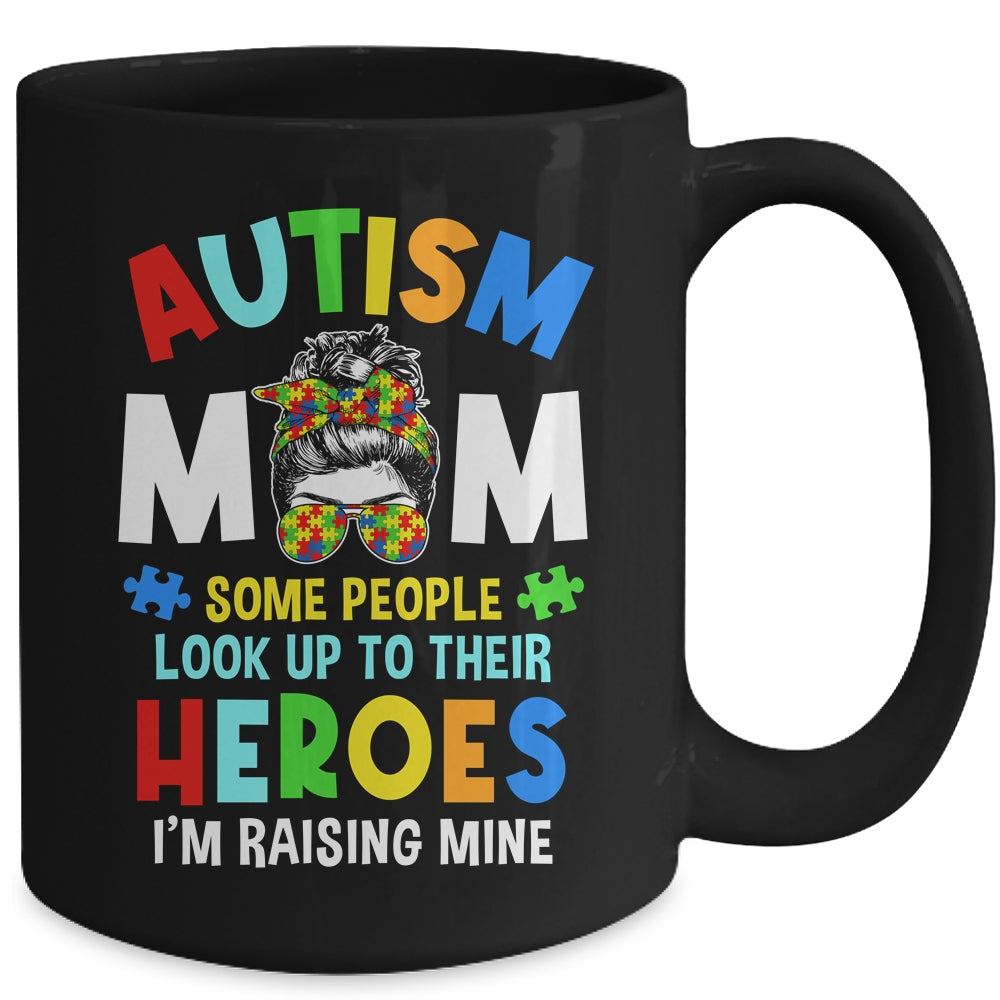 Autism Mom Raising Hero Groovy Messy Bun Autism Awareness Mug | siriusteestore