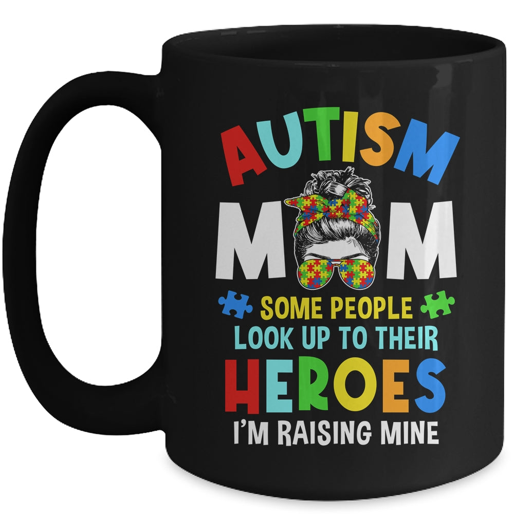 Autism Mom Raising Hero Groovy Messy Bun Autism Awareness Mug | siriusteestore
