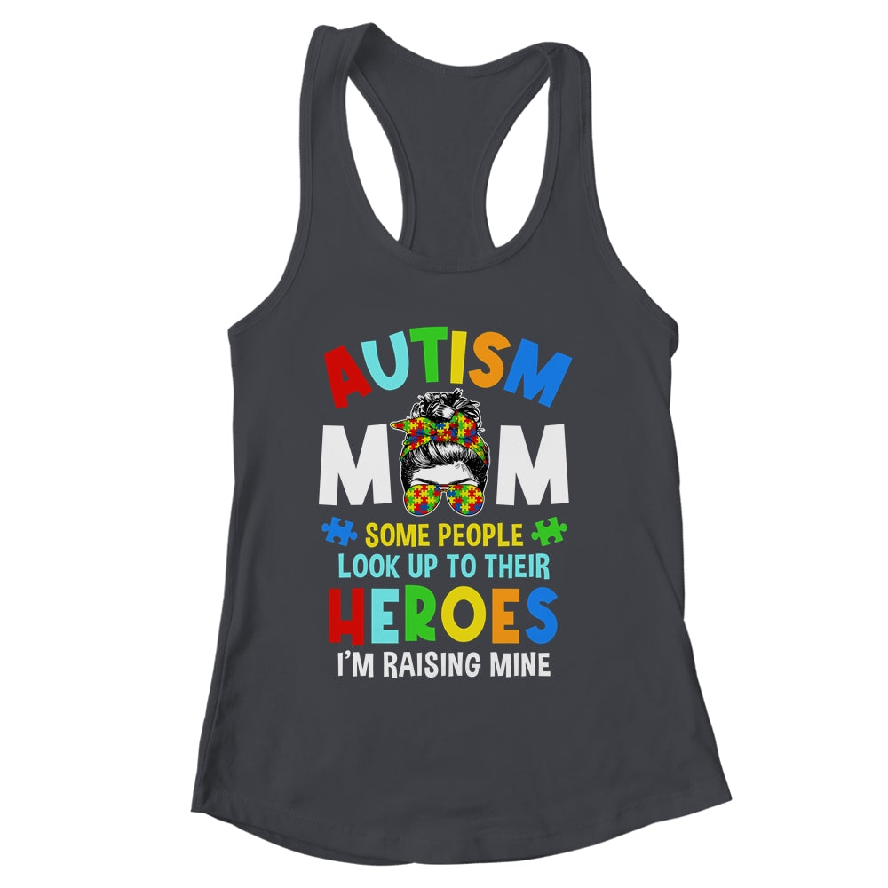 Autism Mom Raising Hero Groovy Messy Bun Autism Awareness Shirt & Tank Top | siriusteestore