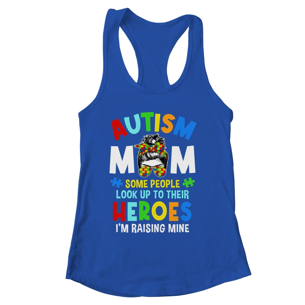 Autism Mom Raising Hero Groovy Messy Bun Autism Awareness Shirt & Tank Top | siriusteestore
