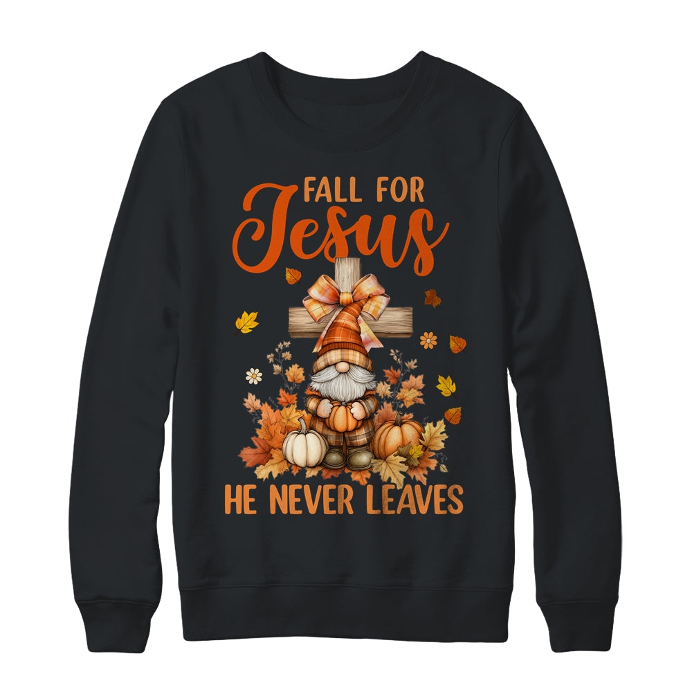 Autumn Gnome Cross Fall For Jesus He Never Leaves Christian Shirt & Sweatshirt | siriusteestore