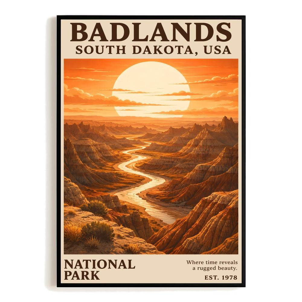 Badlands National Park South Dakota Travel Poster Souvenir Gift Traveler Vintage Sunset Landscape Wall Art Decor For Home Living Room Office Bedroom Gifts Unframed | siriusteestore