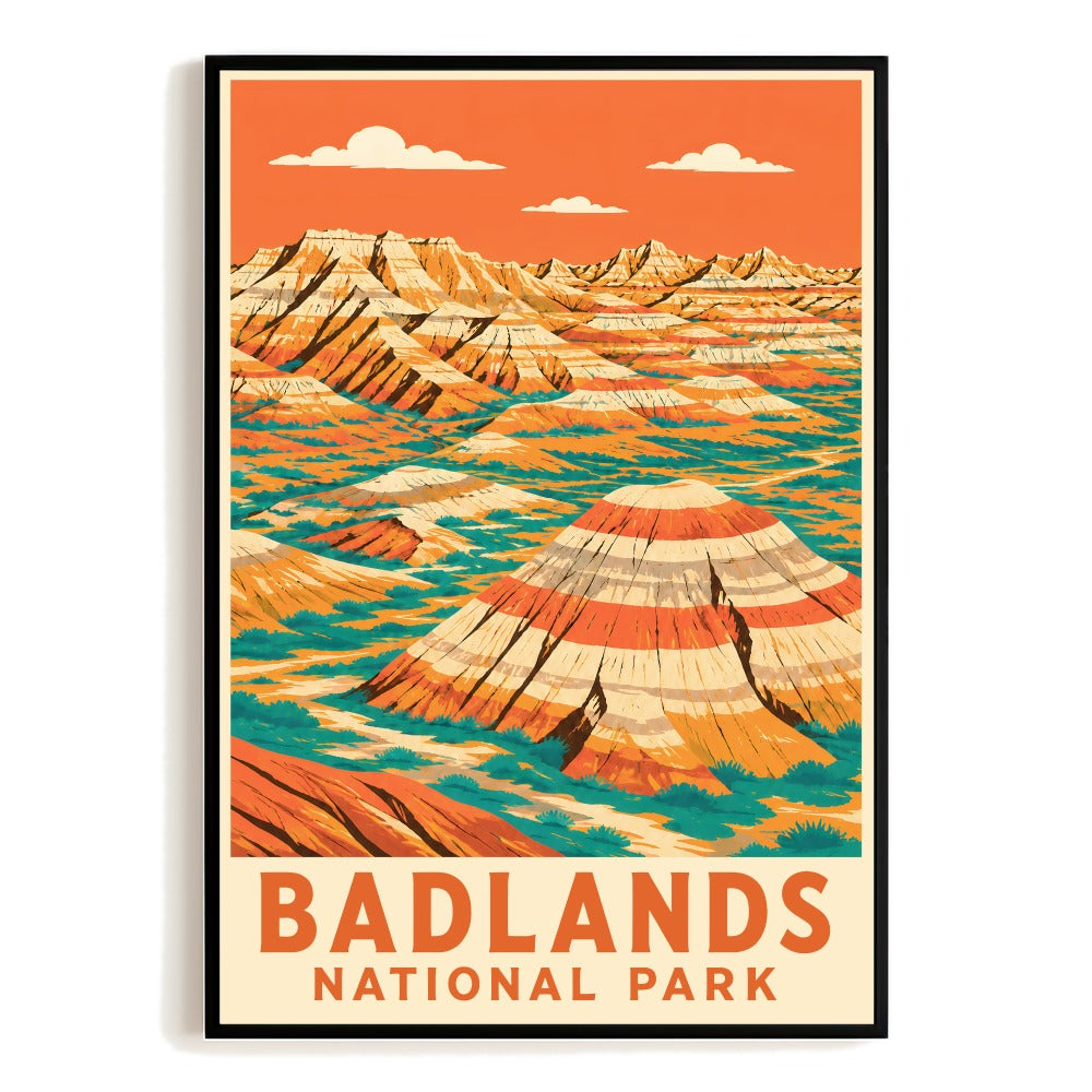 Badlands National Park Vintage Travel Poster Retro South Dakota Landscape Art Layered Rock Buttes Desert Canyon Nature Print Home Decor Hiking Gift Souvenir Unframed | siriusteestore