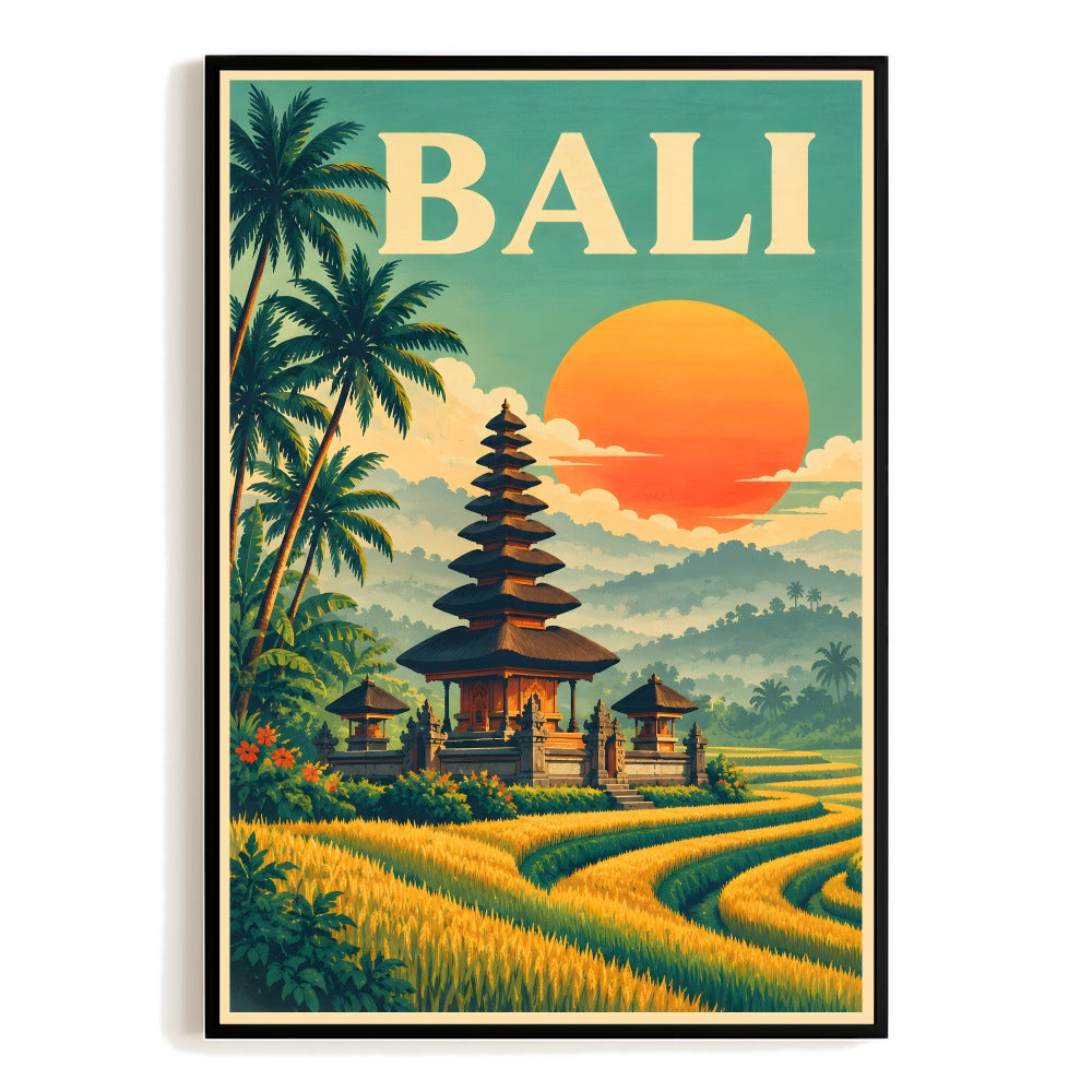 Bali Indonesia Temple Rice Fields Sunset Vintage Travel Poster Wall Art Print Tropical Island Landscape Souvenir Decor For Home Living Room Office Bedroom Gift Unframed | siriusteestore