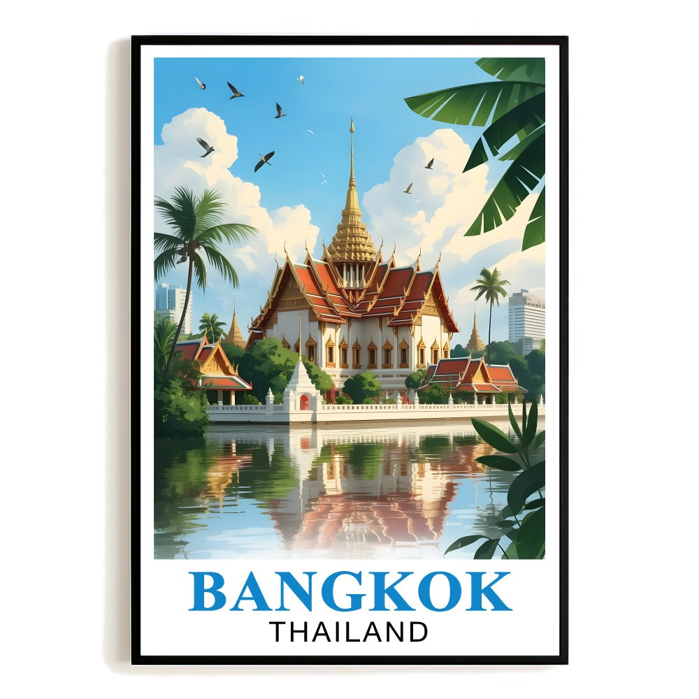 Bangkok Thailand Vintage Travel Poster Stunning Golden Temple River Landscape Souvenir Wall Art Print Picture Ideal For Home Office Living Room Bedroom Decor Unframed | siriusteestore