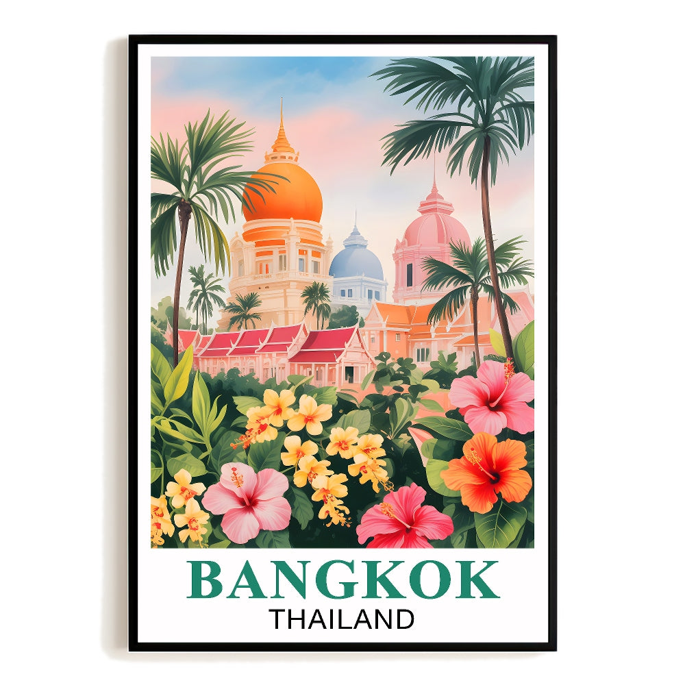 Bangkok Thailand Vintage Travel Poster Temple Skyline Palm Trees Tropical Art Print Souvenir Wall Art Painting Ideal For Home Office Living Room Bedroom Decor Unframed | siriusteestore