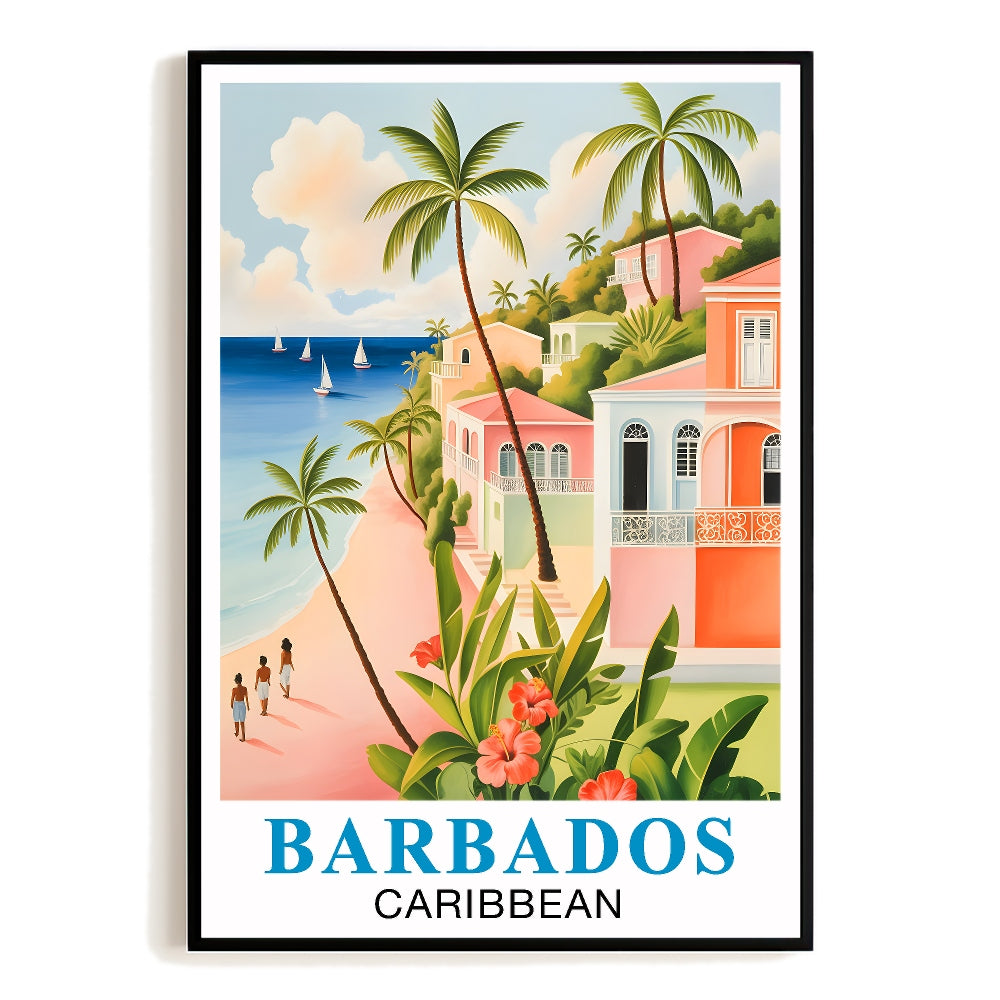 Barbados Caribbean Vintage Travel Poster Tropical Beach Palms Colorful Houses Souvenir Wall Art Landscape Print Ideal For Home Office Living Room Bedroom Decor Unframed | siriusteestore