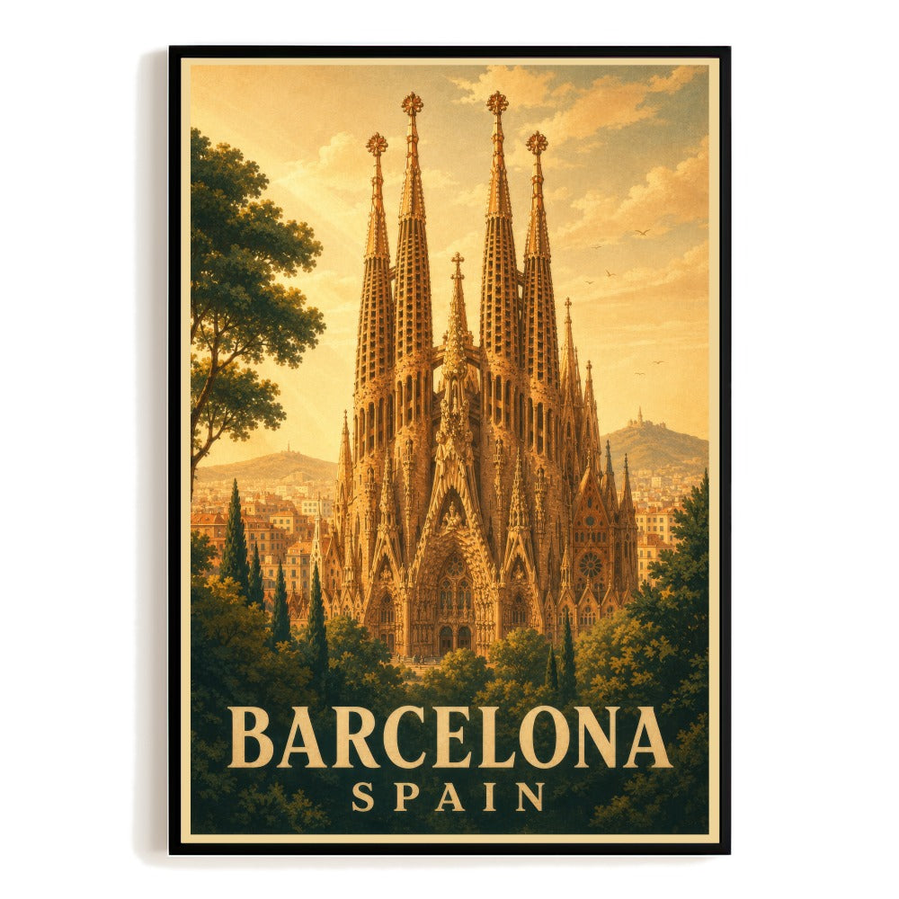 Barcelona Spain Travel Poster Sagrada Familia Vintage Wall Art Landscape Print Painting Picture For Home Room Living Room Office Bedroom Decor Unframed | siriusteestore