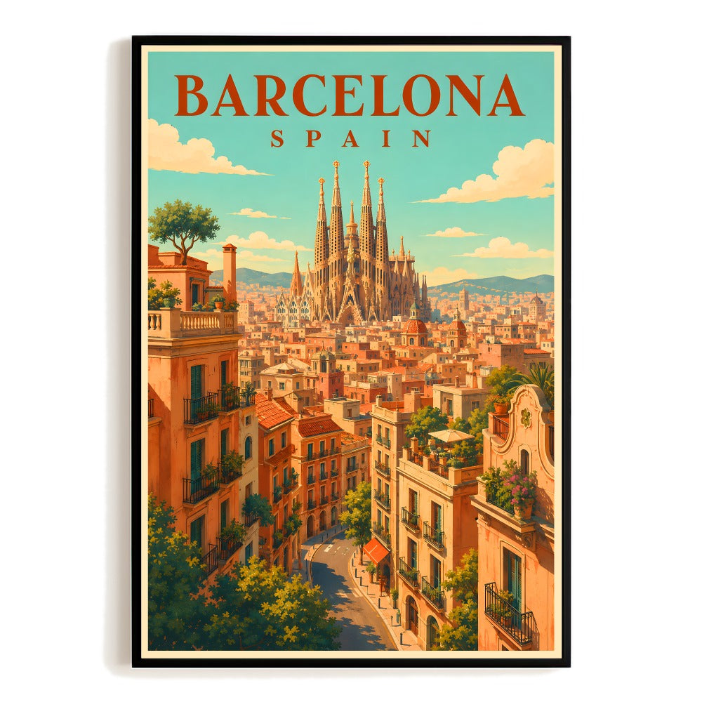 Barcelona Spain Travel Poster Vintage Cityscape Wall Art Decor Landscape Print Painting Picture For Family Home Room Living Room Office Bedroom Decor Unframed | siriusteestore