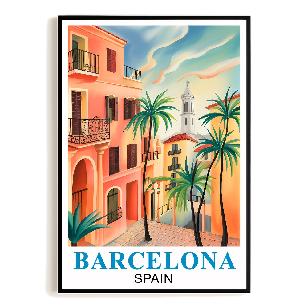 Barcelona Spain Vintage Travel Poster Cityscape Palm Trees Buildings Sunset Wall Art Landscape Print Painting Ideal For Home Office Living Room Bedroom Decor Unframed | siriusteestore