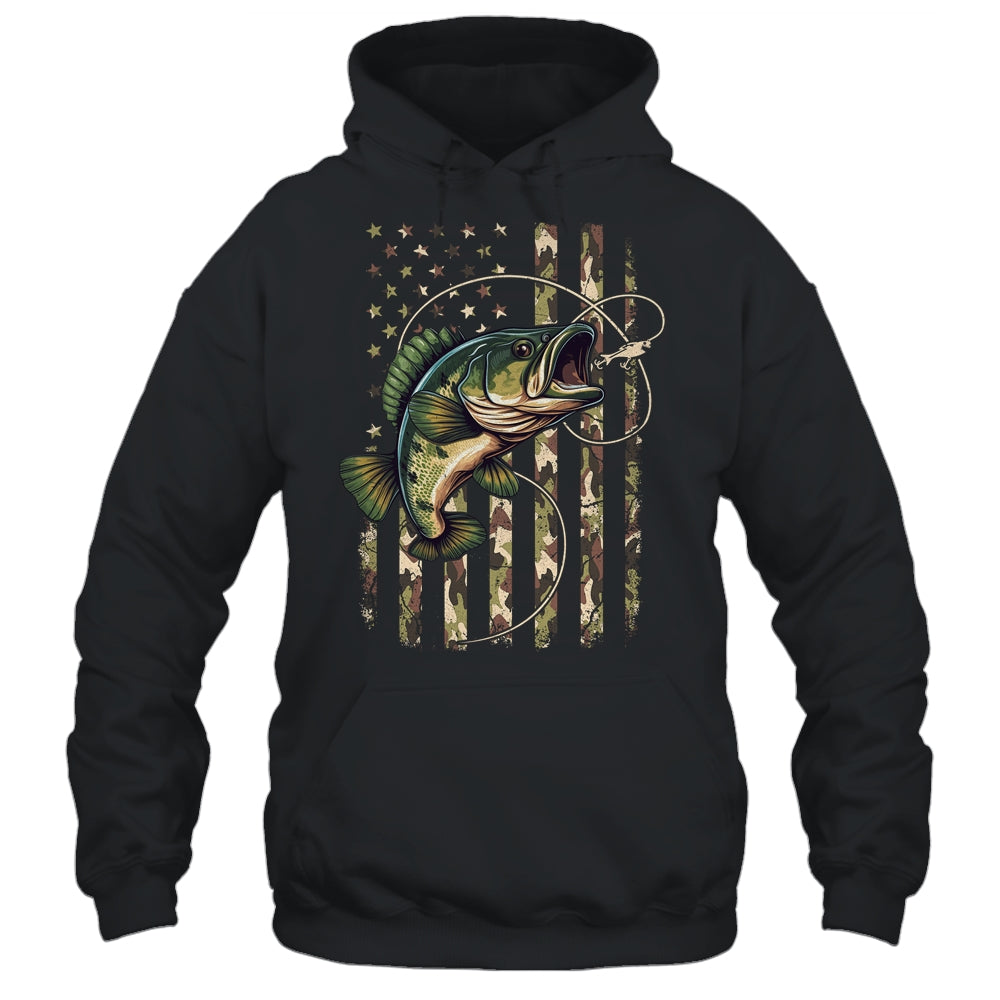 Bass Fish Fishing USA American Flag Camouflage Fisherman Gift T-shirts Long Sleeve T-shirts Black/S