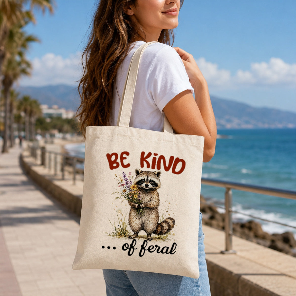 Be Kind Of Feral Raccoon Canvas Tote Bag Cute Raccoon Aesthetic Women Reusable Shopping Daily Use Shoulder Bag Humor Gift Canvas Tote | siriusteestore