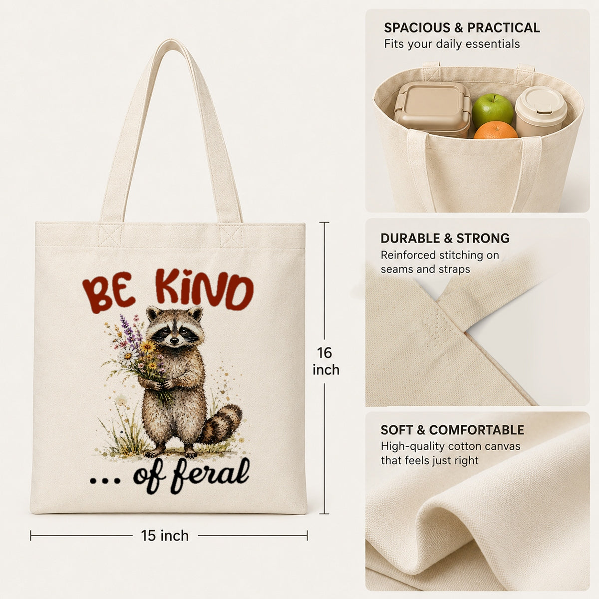 Be Kind Of Feral Raccoon Canvas Tote Bag Cute Raccoon Aesthetic Women Reusable Shopping Daily Use Shoulder Bag Humor Gift Canvas Tote | siriusteestore